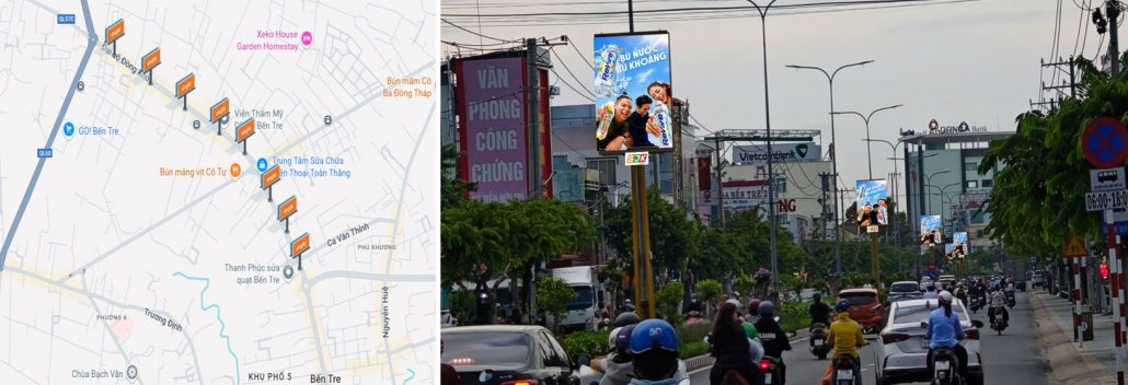 Vị trí màn hình LED ngoài trời dải phân cách đại lộ Đồng Khởi, TP. Vĩnh Long